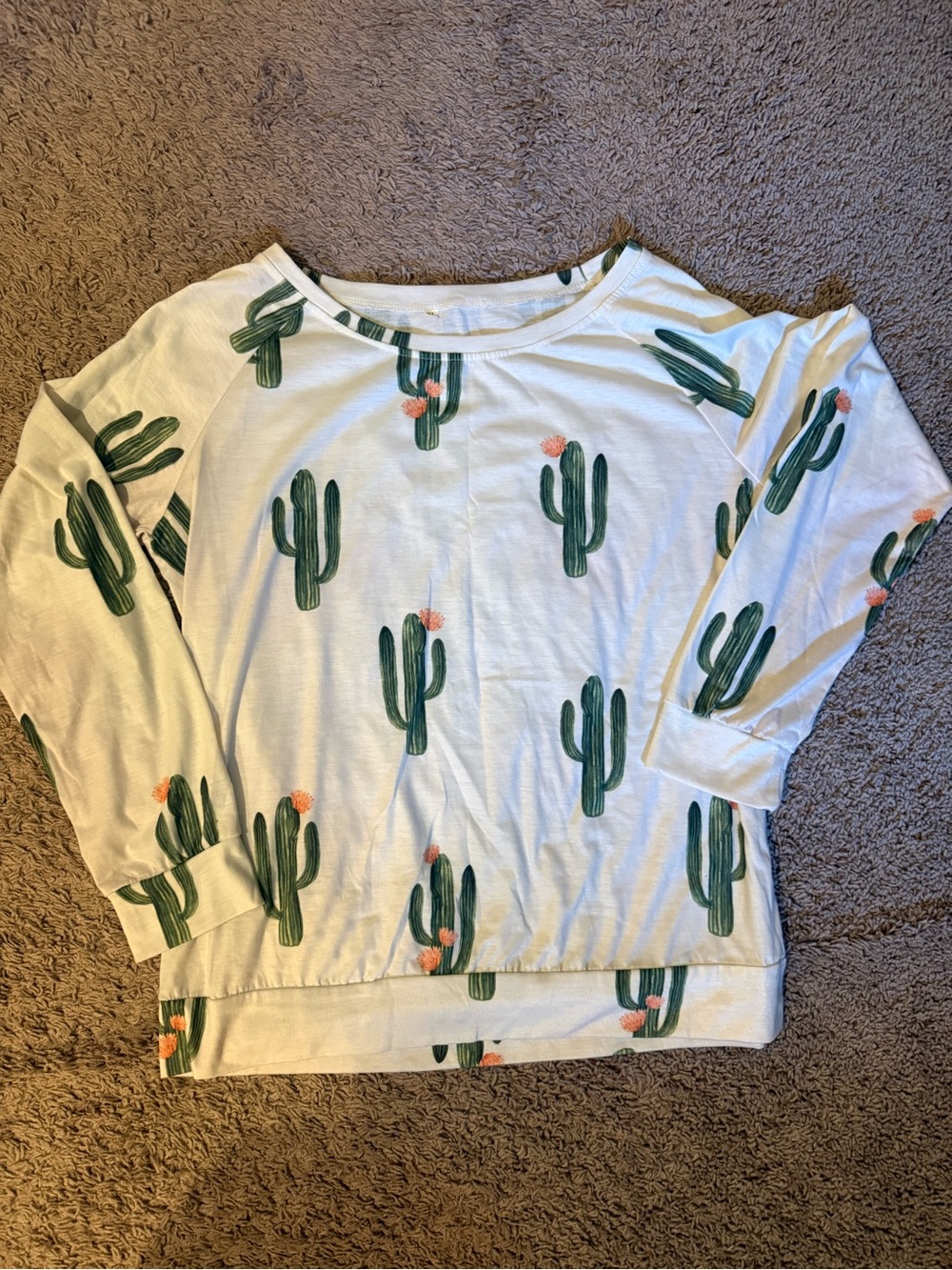White Cactus-Print Long Sleeve Women's Top
